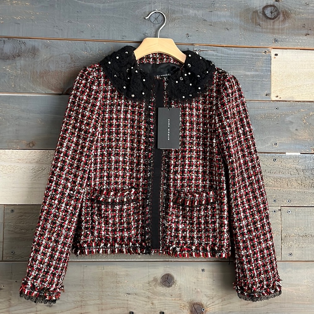 Zara Bloggers Favorite Tweed Frayed Jewel Collar Blazer Black Red XS